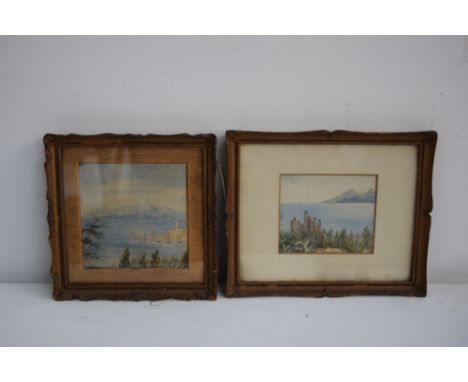 Three framed pictures to include two original watercolours of a Mediterranean coastal scenes and a gouache of a pair of dogs 