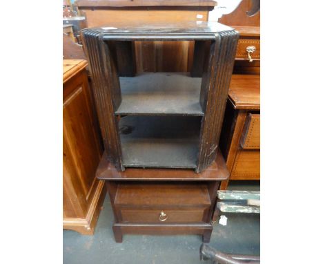 A modern mahogany bedside table, shelf over drawer, with a modern oak bookshelf with reeded sides