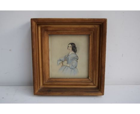 British School, 19th century, Portrait of a young lady in a blue dress, watercolour on paper, framed (loose) 15 x 15cm