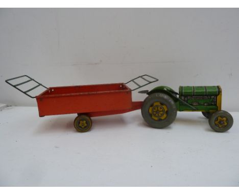 Mettoy Playthings vintage tin tractor with trailer (no steering wheel)
