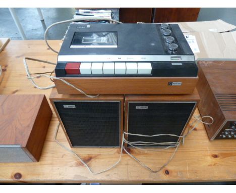 A vintage Phillips stero cassette recorder, with a pair of Phillips speakers