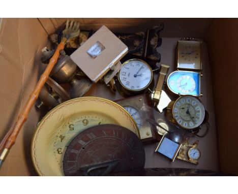 A large selection of mantle clocks and travel clocks, including a miniature French longcase clock, a sundial, a Swiza mantle 