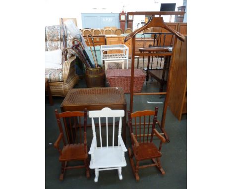 A pair of miniature rocking chairs, with another painted Charlie Bear chair, a vintage suit stand, with a stool and wicker se