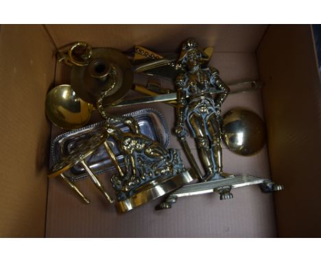 A lot of brass items including an Admiral Nelson doorstop, a greyhound door stop, a brass trivet, candle snuff, spoons, and a