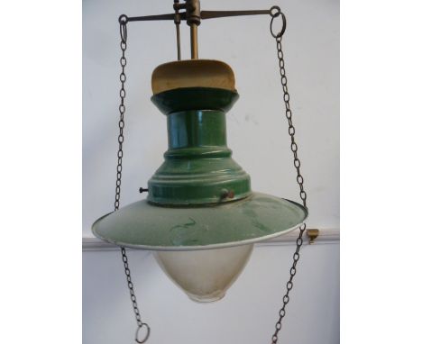 Vintage green enamel railway station gas lamp with original pyrex glass and brass fittings