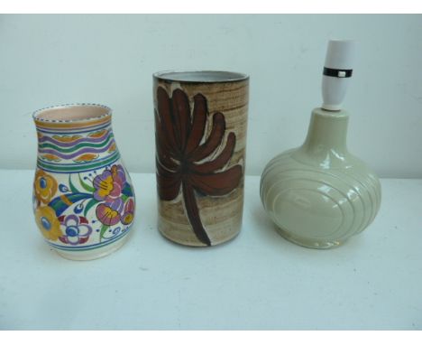 A Poole pottery vase a/f, together with an Art Deco style lamp and a brown glaze vase signed to base