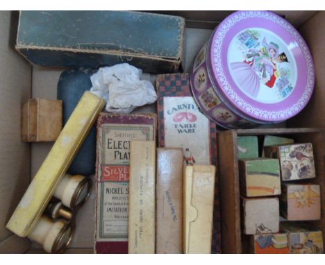 A mixed lot of items including several boxed silver plated items of flatware, a vintage picture puzzle game, a pair of ivory 