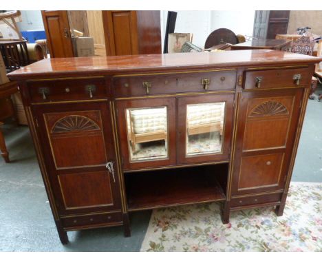 A Victorian mahogany sideboard, rectangular top over three drawers, two cupboards, central mirror with shelf below, 153cmW