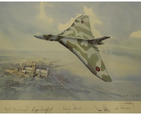 Eric H Day.  Vulcan Bomber Over Lincoln Cathedral, artist signed print, also signed Bill Burnett, Roger Dewsford, Hugh Davis,