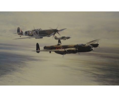 Robert Taylor.  Memorial Flight, colour print, signed in pencil by Leonard Cheshire, Johnny Johnson and Peter Townsend, plate