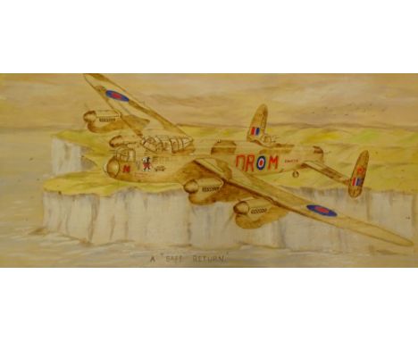 V Green.  Safe Return, Avro Lancaster EE176, Mickey The Moocher, oil on birch panel, signed and titled verso, 30cm x 60cm.