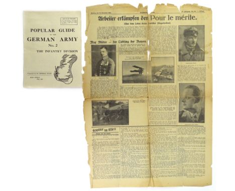 A First World War popular guide to the German Army, published by the War Office 1941, and a German newspaper detailing German