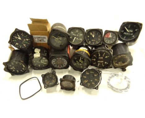 Various vintage dials and accessories, aeroplane dials, F/M dial, another climb and descent dial with Arabic numerals, 8cm hi