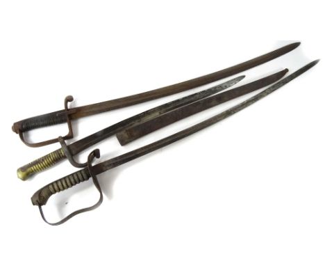 Two 19thC swords, each with a curved blade, one with a shagreen handle, the other leather and metal wire, lacking scabbards, 