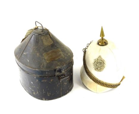 An officer's Buff helmet, in tin box marked C M King Esq, Argyll Southerland Hi., made by J B Johnstone of London.