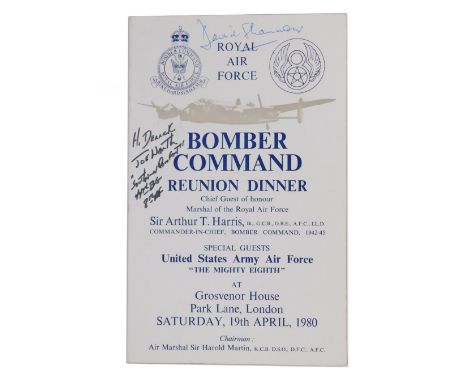Royal Air Force Bomber Command Reunion Dinner Menu, signed by 617 Squadron Dambuster David Shannon DSO and Bar, DFC and Bar, 