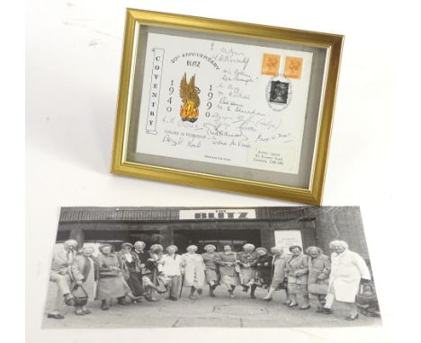A 1990 Coventry Blitz Anniversary first day cover, with many signatures, together with a black and white photograph outside t