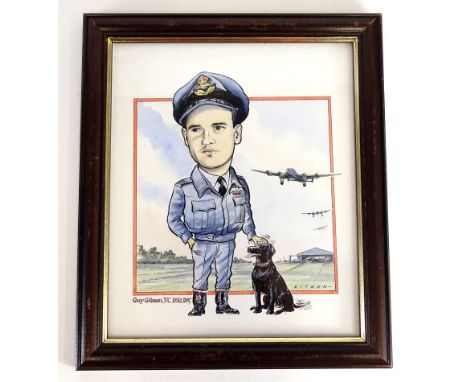 Ken Aitkin.  Guy Gibson VC DSO DFC, colour cartoon caricature, signed, 25cm x 22cm.