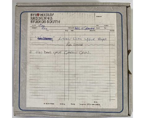 A boxed reel of 10.5" Scotch recording tape, with Strawberry Recording Studios South labels detailing the recordings as being
