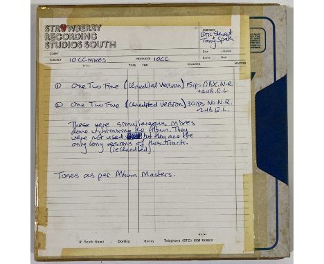 A boxed reel of 1/4" Ampex recording tape, with Strawberry Recording Studios South label. Handwritten info marks the tracks a