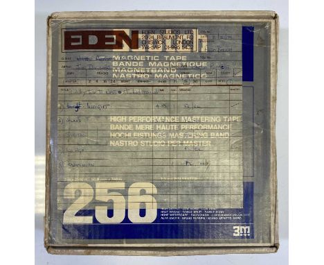 A boxed reel of 10.5" Scotch 3M audio tape, with 'Eden Studios' label pasted onto box, Handwritten info on label documents co