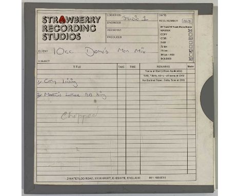 A boxed reel of recording tape, with Strawberry Recording Studios labels detailing tracks by 10CC 'City Living' and 'Martin L