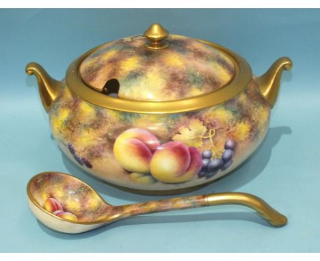 A Dunheved bone china soup tureen with lid and ladle, painted with fruit and signed D Wilson, 30cm diameter, 17cm high, facto