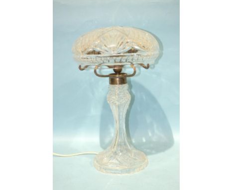 A 20th century cut-glass table lamp with bowl shade, 52cm high, 32cm diameter.