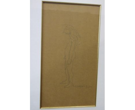 •R O Lenkiewicz (1941-2002), 'Study of a naked man smoking', pencil sketch on brown paper, signed, 47 x 25.5cm.