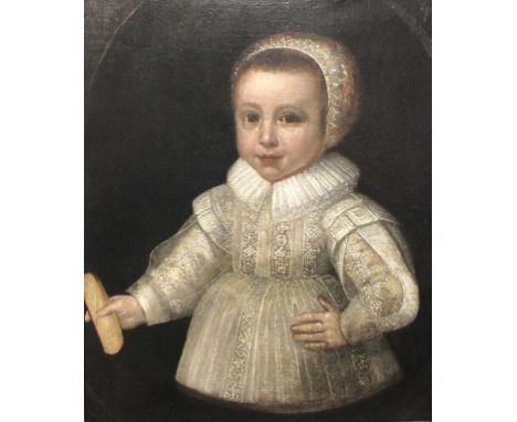 16th century English School PORTRAIT OF A CHILD IN PERIOD CLOTHES AND CAP HOLDING A RUSK Unsigned oil on canvas, relined and 