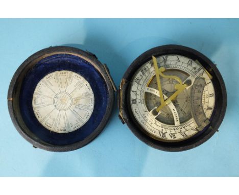 P Orr &amp; Son, Madras, a universal sun dial and compass with gilt metal gnomen, silvered clock and compass dial, in origina
