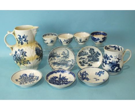 A group of 18th century English porcelain, to include a cabbage leaf jug, a baluster tankard and various tea bowls and saucer