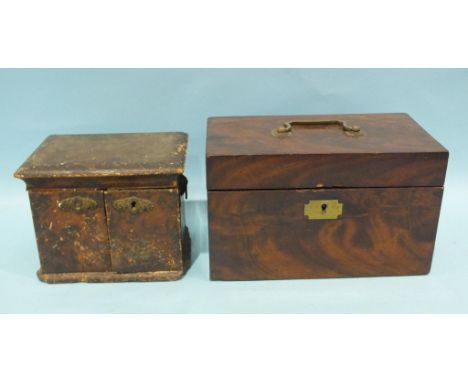 An early-19th century mahogany rectangular two-division tea caddy, the hinged lid revealing a pair of lidded tea canisters, 2