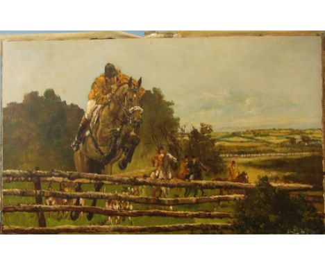 •D Fletcher (modern) HUNTING SCENE, TAKING A FENCE Signed oil on canvas, laid on board, 47 x 79cm.