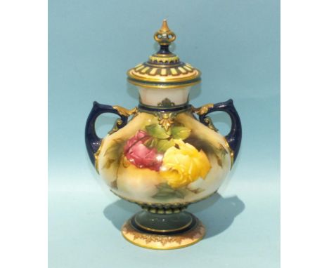 A Royal Worcester baluster vase and cover painted with roses, signed A Food, (chip to lid finial), printed green mark, 24cm h