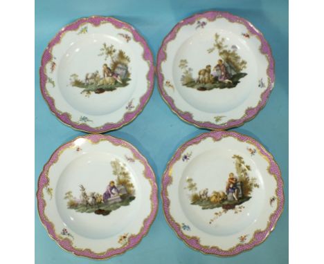 A set of four 18th century Meissen plates decorated with pastoral scenes, within pink scale borders, Marcolini period, (two w