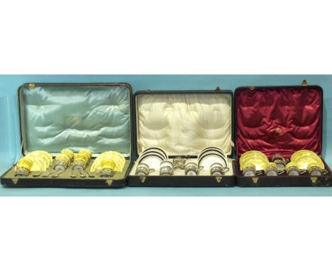A late-19th century Coalport yellow and gilt coffee set, comprising six coffee cans, (two damaged) and saucers (one damaged),