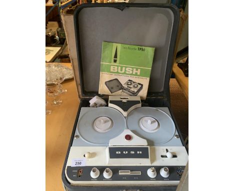 A VINTAGE CASED BUSH REEL TO REEL TAPE RECORDER WITH ORIGINAL BOX 