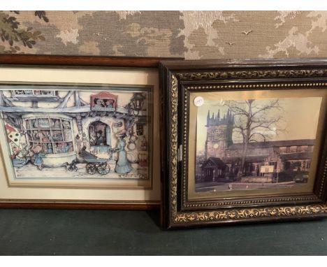 FOUR FRAMED ITEMS TO INCLUDE A TAPESTRY, ST BATHOLOMEWS CHURCH WILMSLOW, A MACCESFILED SILK OF LITTLE MORETON HALL ETC 