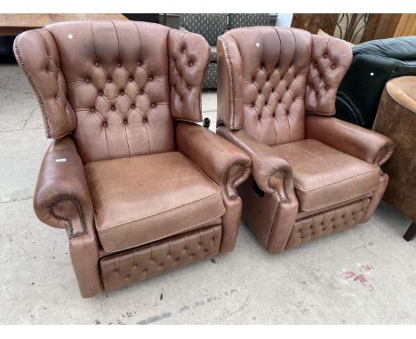 TWO CHESTERFIELD BUTTON AND WING BACK LEATHER RECLINER ARMCHAIRS 