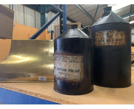 TWO VINTAGE CANS 'SPECIAL SHELLAC VARNISH' BEST BUTTON POPLISH AND A BRASS CANOPY 