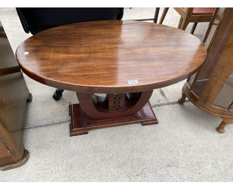 A MAHOGANY COFFEE TABLE ON HARP SHAPED SUPPORT 