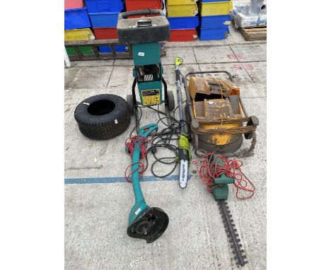 VARIOUS GARDEN TOOLS - ELECTRIC MOWER, LONG REACH CHAINSAW, HEDGE TRIMMER, STRIMMER, SHREDDER AND MOWER TYRE 