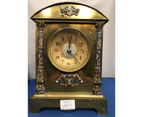 A LATE 19TH CENTURY BRASS CLOCK MOUNT AND DIAL WITH ART NOUVEAU COLOURED FLORAL ENAMEL DECORATION AND COLUMNS (ORIGINAL MOVEM