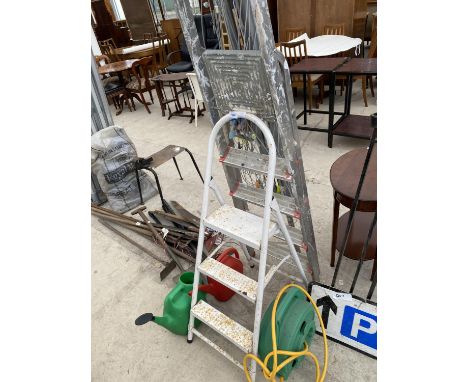 TWO STEP LADDERS, HOSE REEL, TWO WATERING CANS 