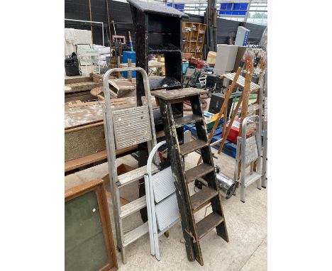 FOUR SETS OF STEP LADDERS - TWO WOODEN, TWO METAL 