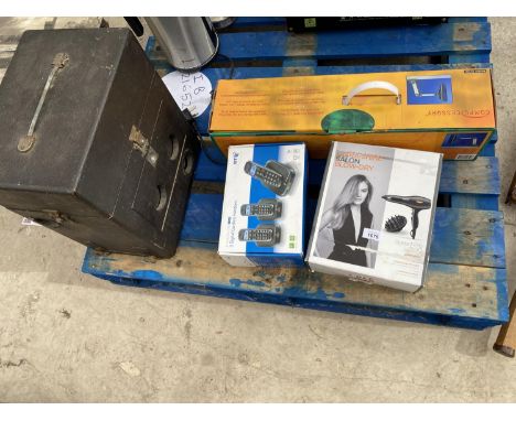A BT PHONE SYSTEM, HAIRDRYER, MONITOR WALL MOUNT, TWO KETTLES AND A VINTAGE AMPLIFIER 