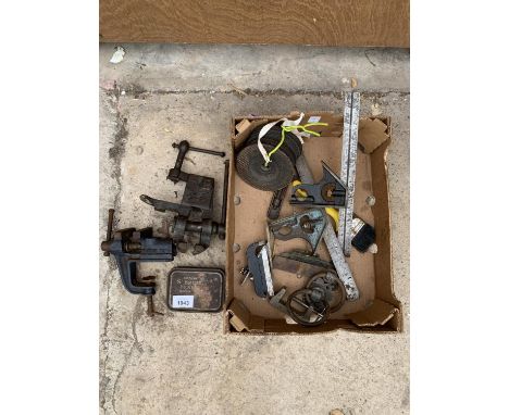 VATIOUS TOOLS TO INLCUDE A RECORD VICE, GRINDING DISCS, CLAMPS ETC 
