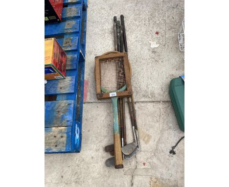 VINTAGE GOLF CLUBS AND A TENNIS RACKET 