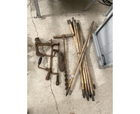 VINTAGE TOOLS - DRAINING RODS, DRILL BRACE, SHOE LAST ETC 